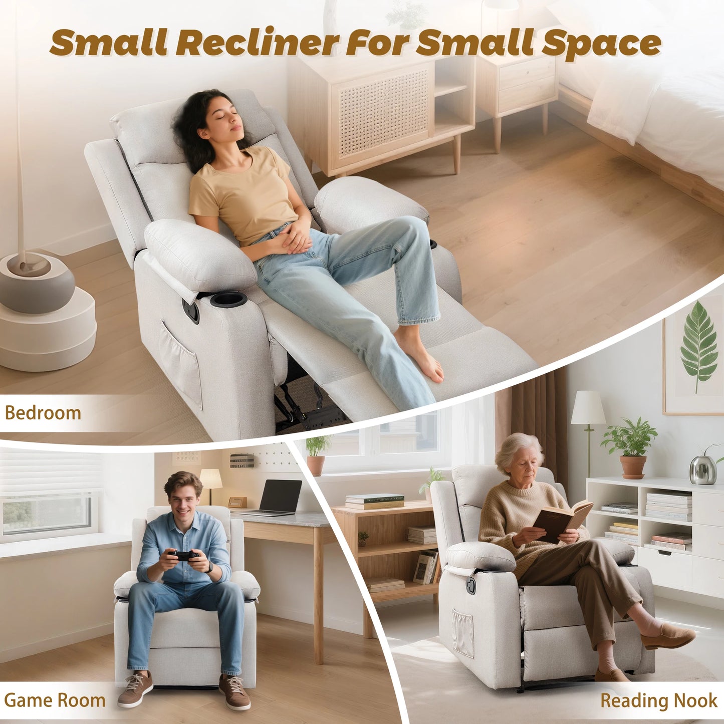 Korser Small Recliners for Small Spaces, Reclining Manual Chair with Cup Holders and Side Pockets for Living Room, Bedroom