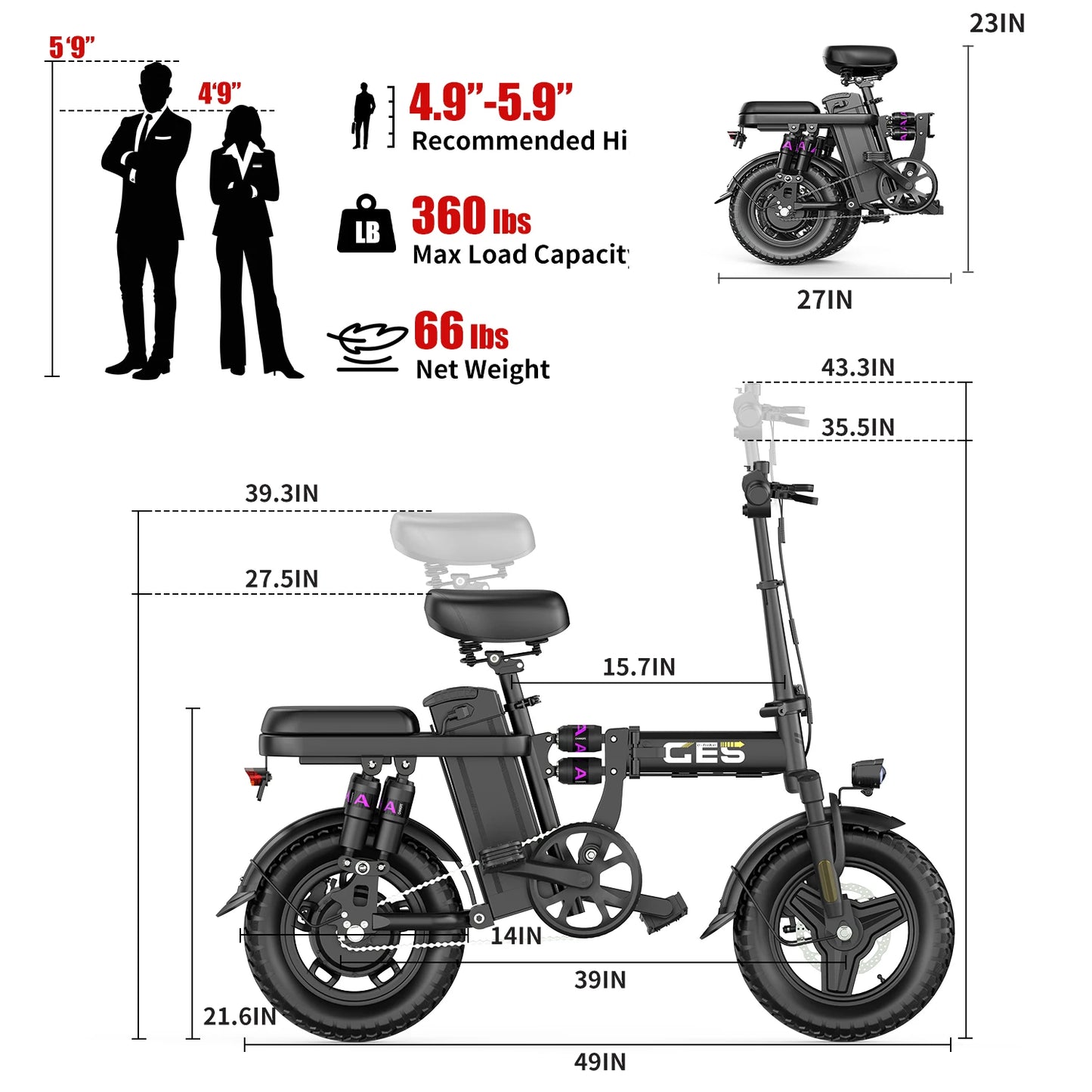 UPlee GE5 Adult Electric Bike 500W Peak Motor Removable Battery