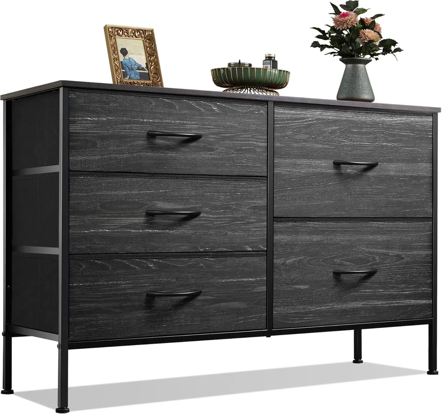 JHK 5 Drawer Dresser With Metal Frame For Bedroom Living Room Storage