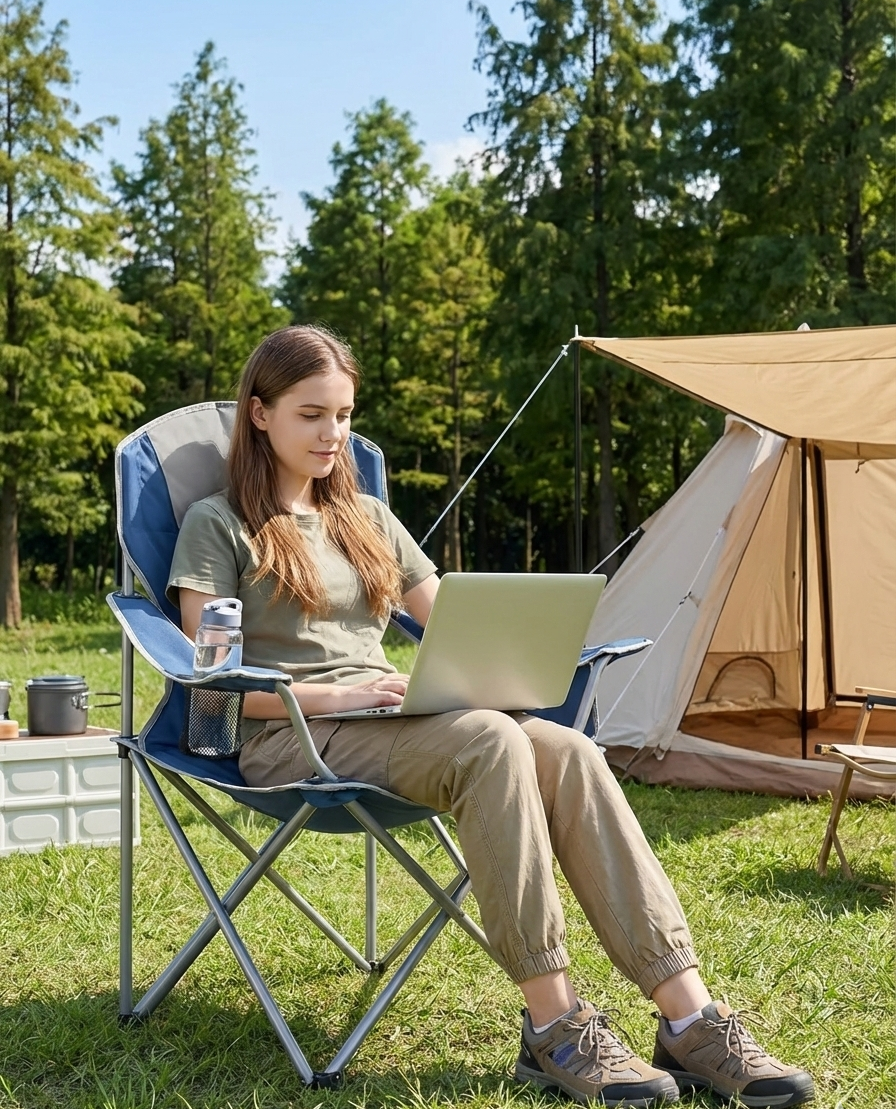 Heavy Duty Folding Camping Chair Cup Holder And Cooler Bag
