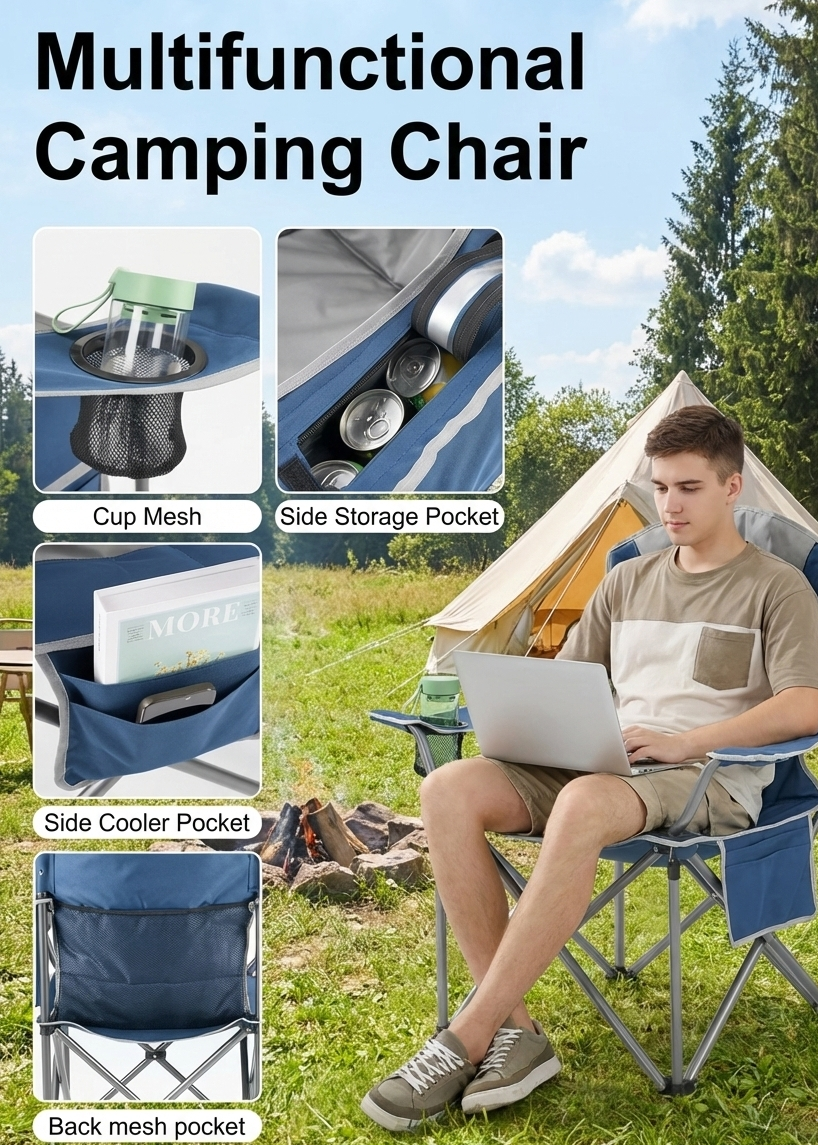 Heavy Duty Folding Camping Chair Cup Holder And Cooler Bag
