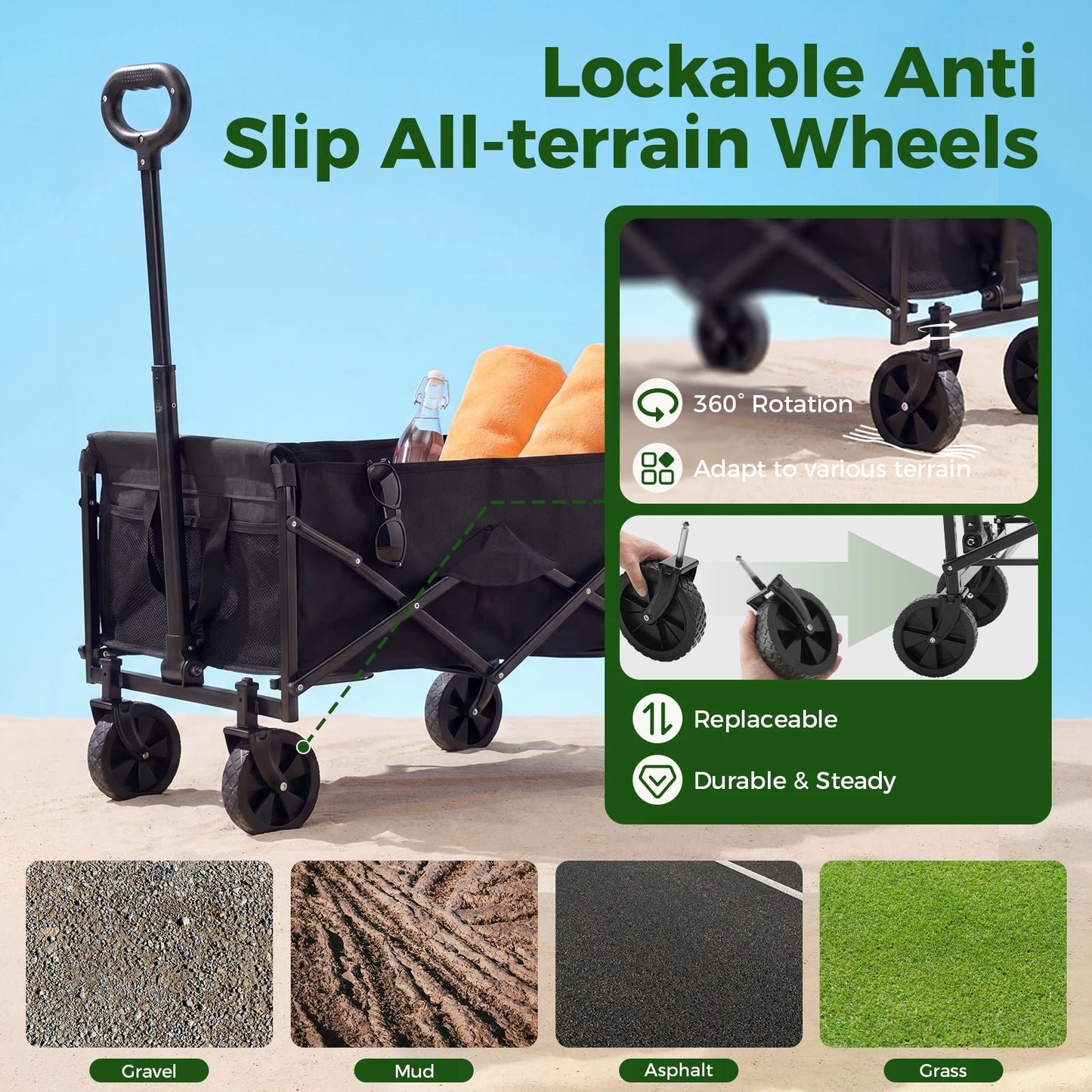 JHK Heavy Duty Collapsible Wagon Cart With Wheels 220 Lb