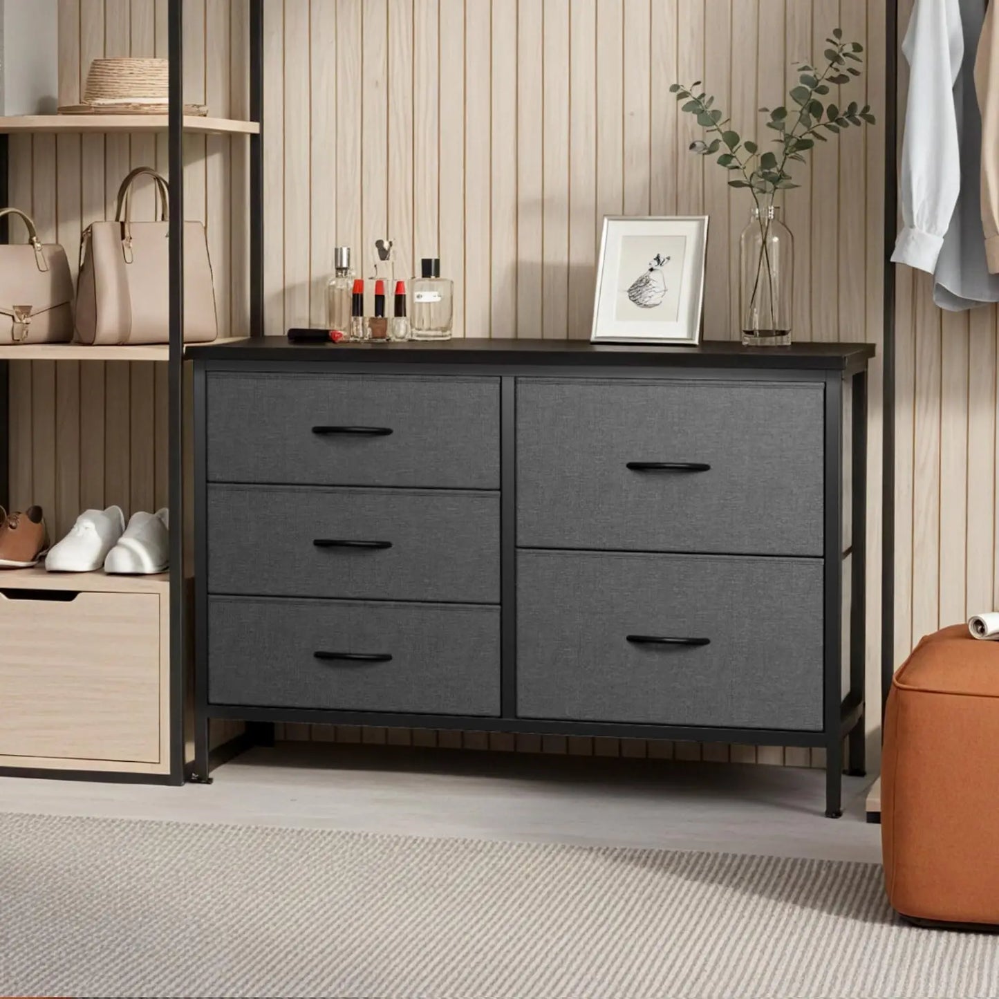 JHK 5 Drawer Dresser With Metal Frame For Bedroom Living Room Storage