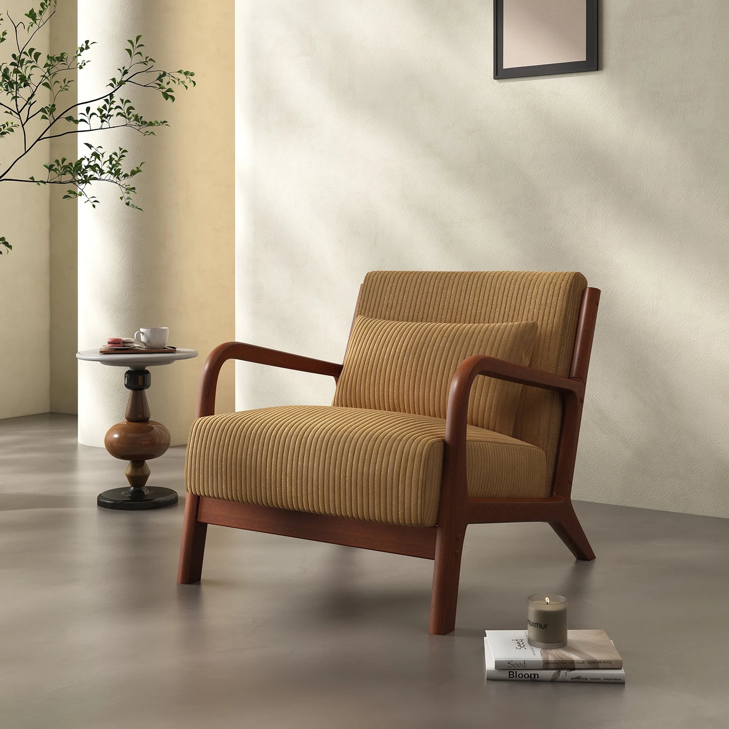 Mid Century Modern Accent Chair, Comfy Fabric Reading Chair with Solid Wood Frame, Easy Assembly Armchair for Living Room ，Bedro