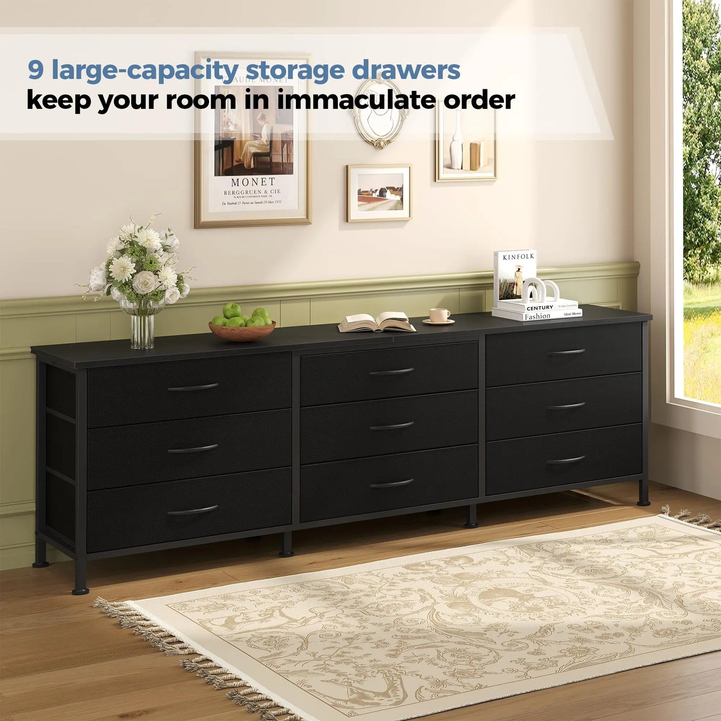 JHK Modern Entertainment Center Cabinet With 9 Fabric Drawers