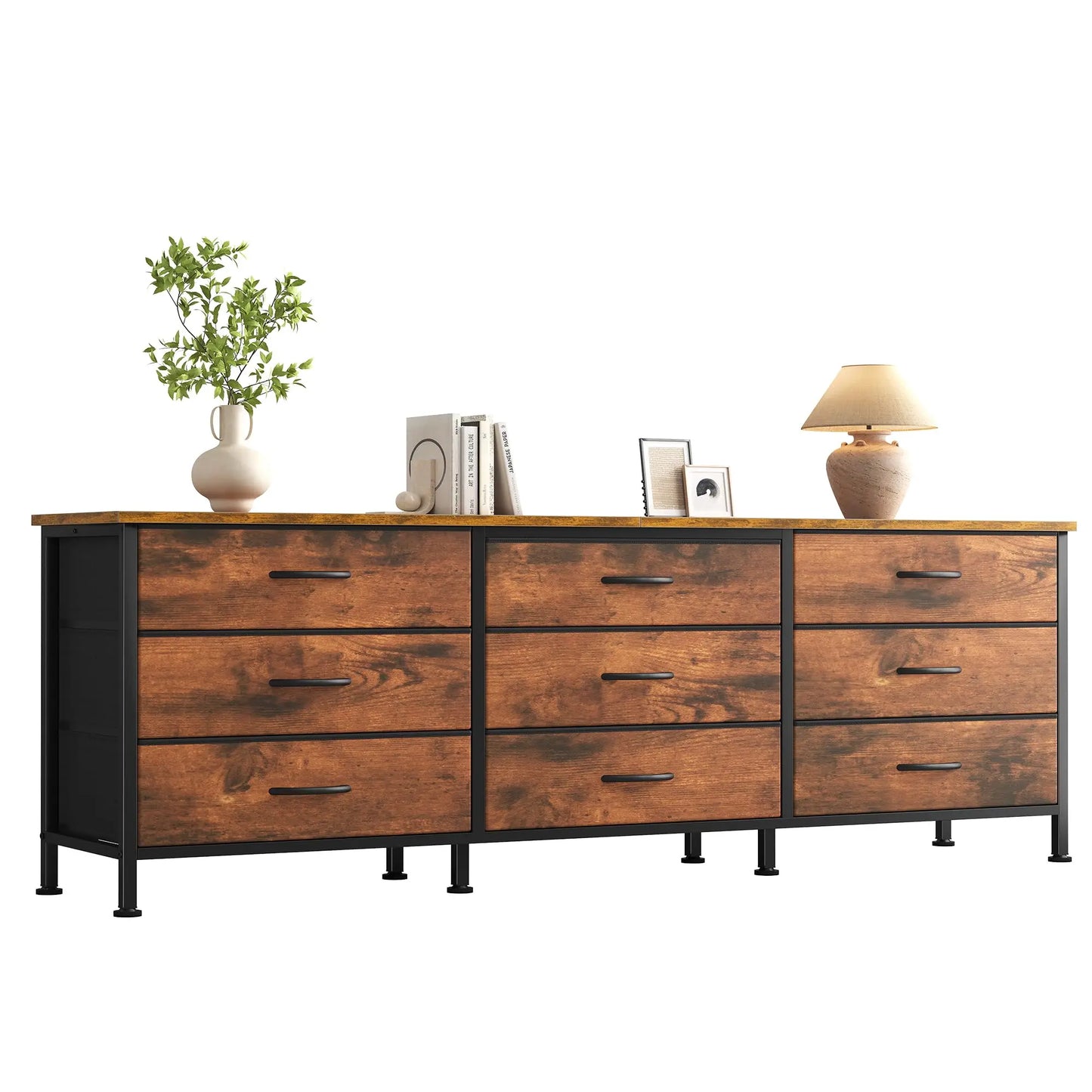 JHK Modern Entertainment Center Cabinet With 9 Fabric Drawers
