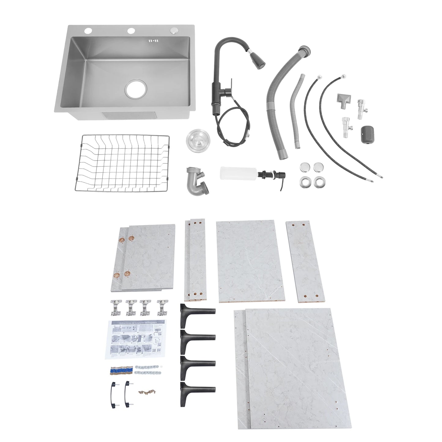 Freestanding Kitchen Sink Cabinet with Pull Out Faucet, Grey Stainless Steel Laundry Utility Sink with Drain Board