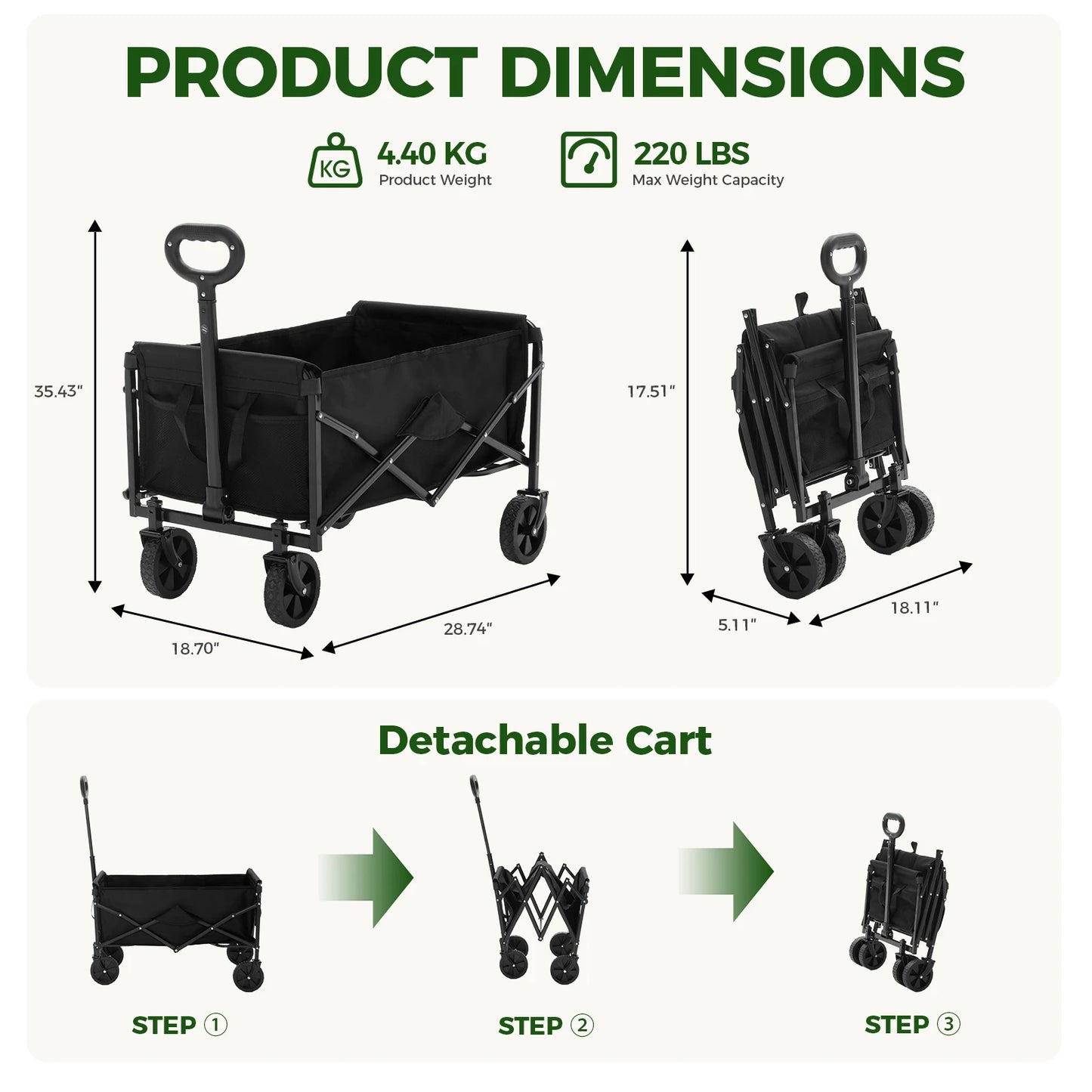 JHK Heavy Duty Collapsible Wagon Cart With Wheels 220 Lb
