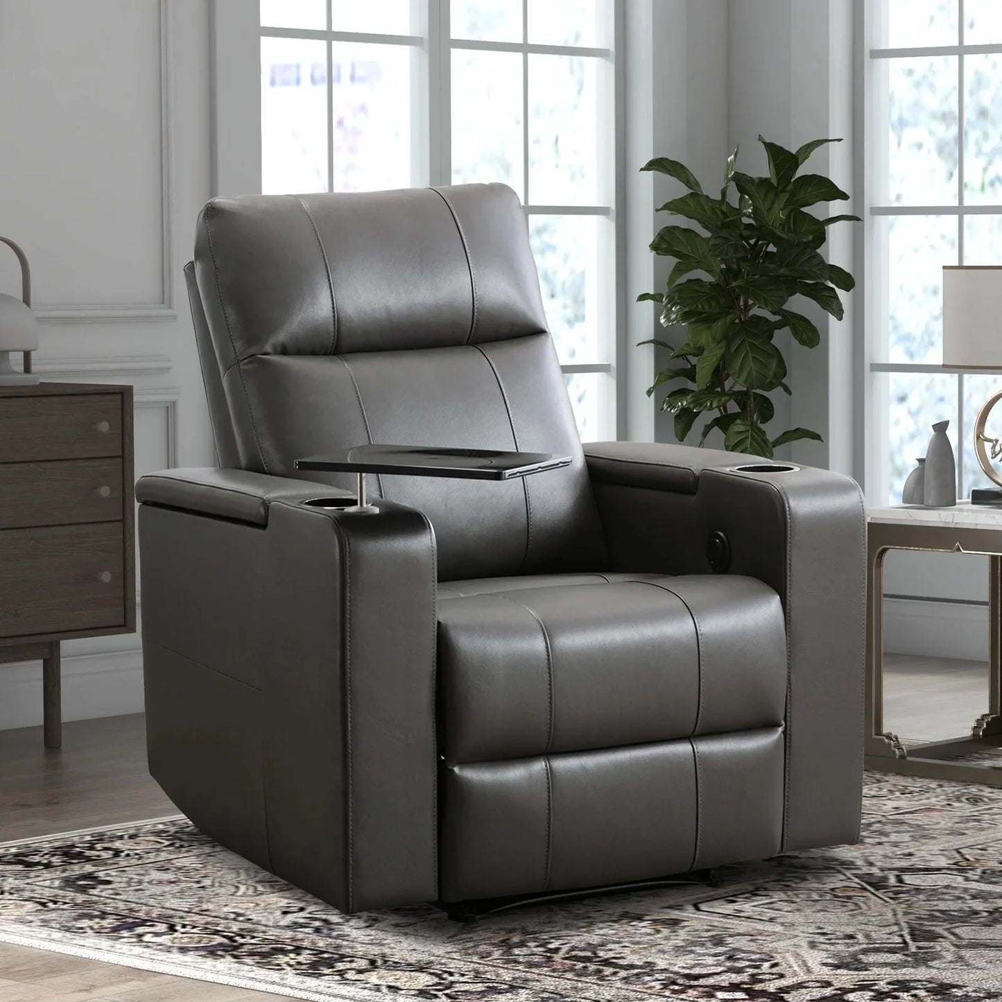 EBELLO Electric Recliner for Living Room Home Theater Seating Leather Reclining Chair Sofa Furniture with Cup Holders USB Ports