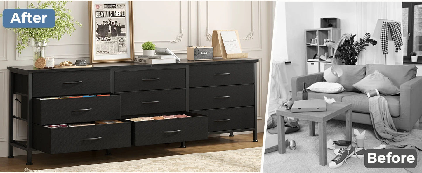 JHK Modern Entertainment Center Cabinet With 9 Fabric Drawers