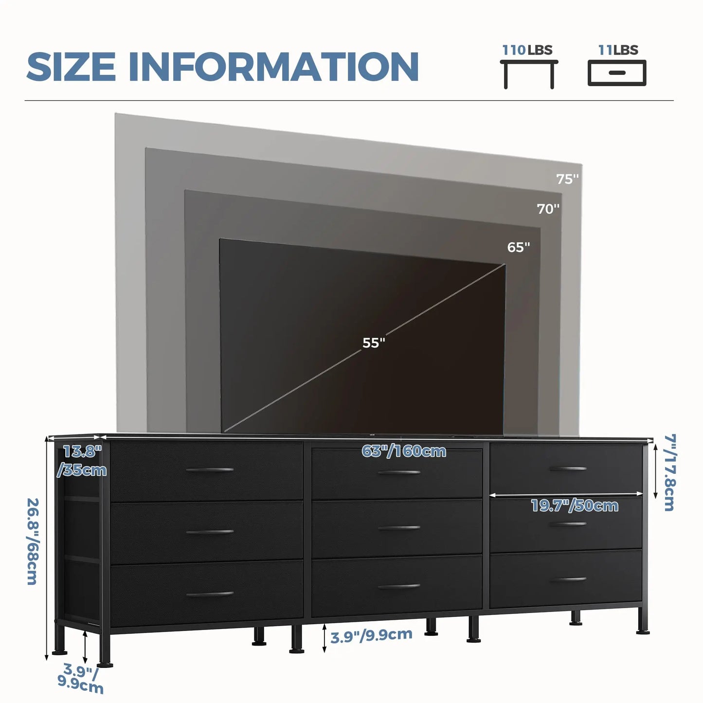 JHK Modern Entertainment Center Cabinet With 9 Fabric Drawers