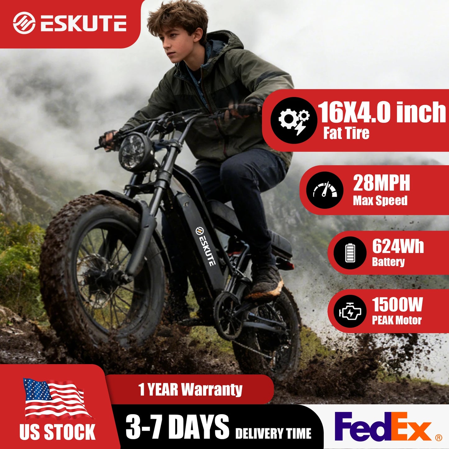 Eskute V100 Electric Bike 1500W Peak Suspension 60 Mile Range