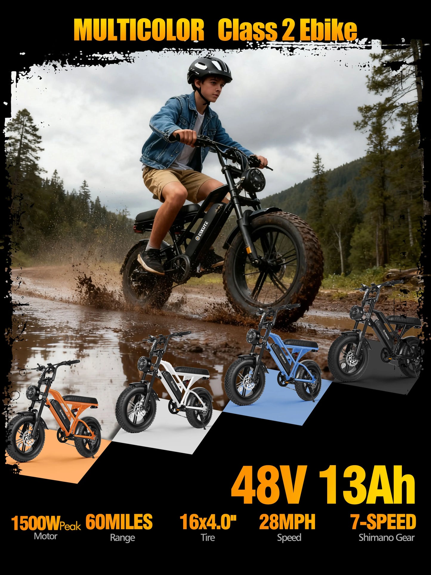 Eskute V100 Electric Bike 1500W Peak Suspension 60 Mile Range
