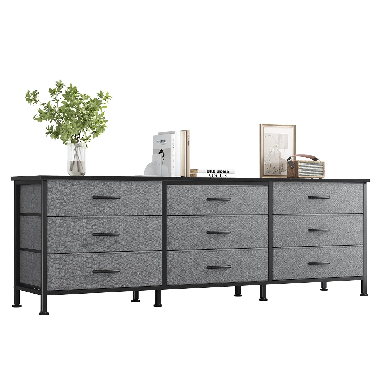 JHK Modern Entertainment Center Cabinet With 9 Fabric Drawers