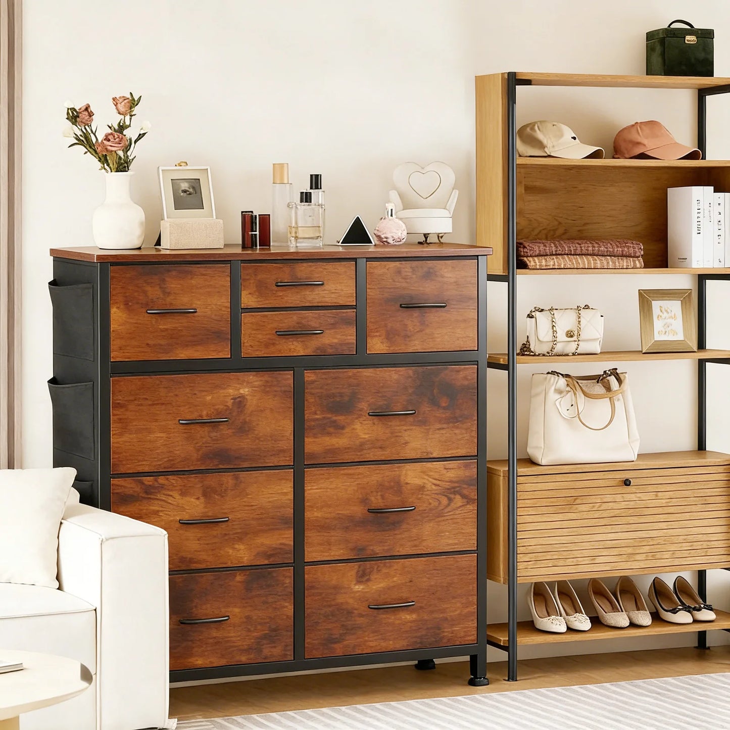 JHK Living Room Fabric Drawers Cabinet With Steel Frame Organizer