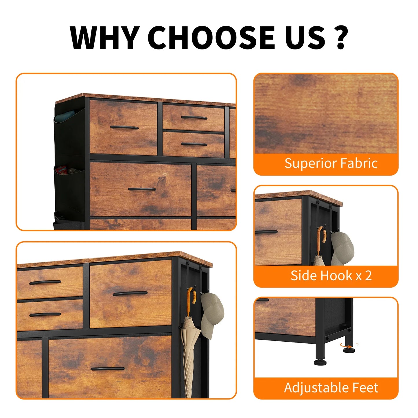 JHK Living Room Fabric Drawers Cabinet With Steel Frame Organizer