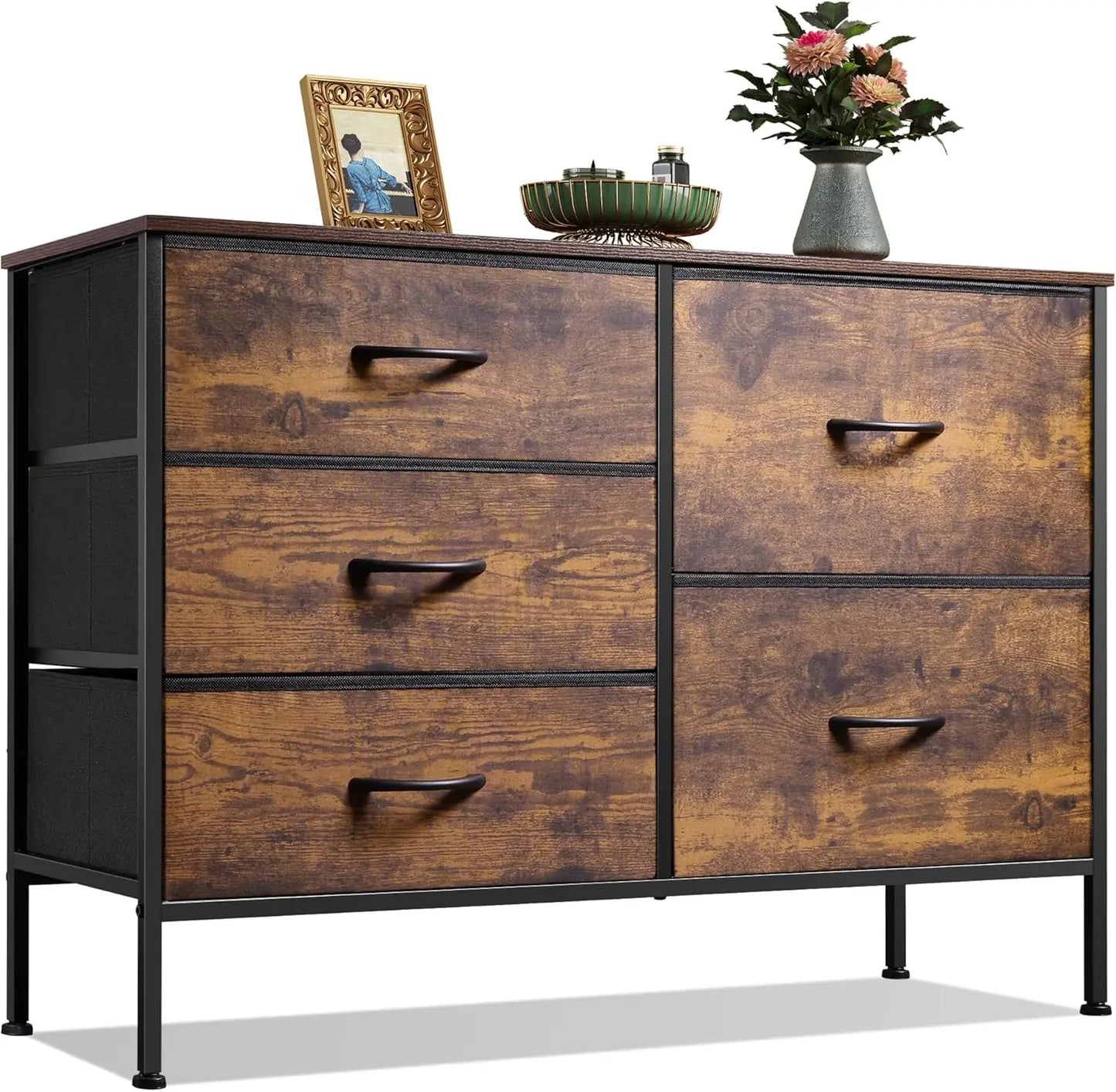 JHK 5 Drawer Dresser With Metal Frame For Bedroom Living Room Storage