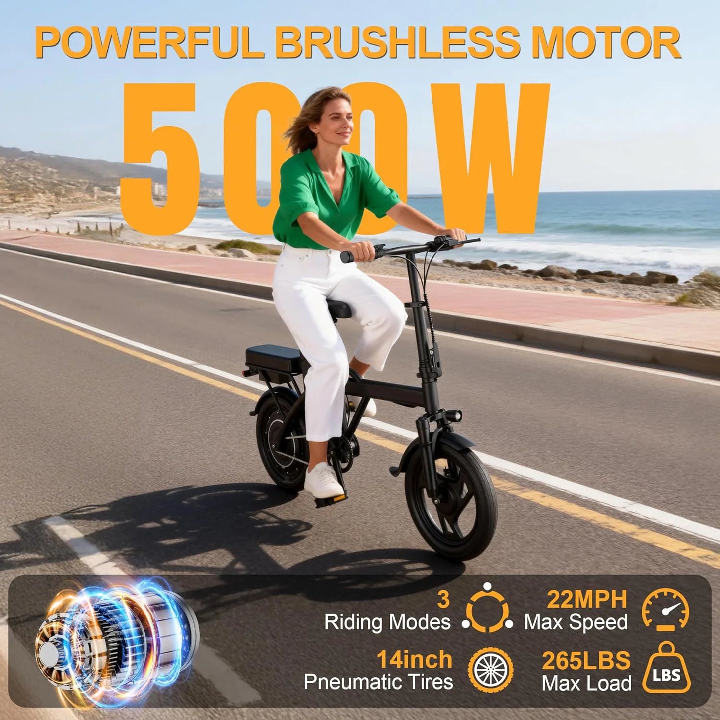 Ladped Foldable Electric Bike Dual Seat 500W 48V 30 MPH