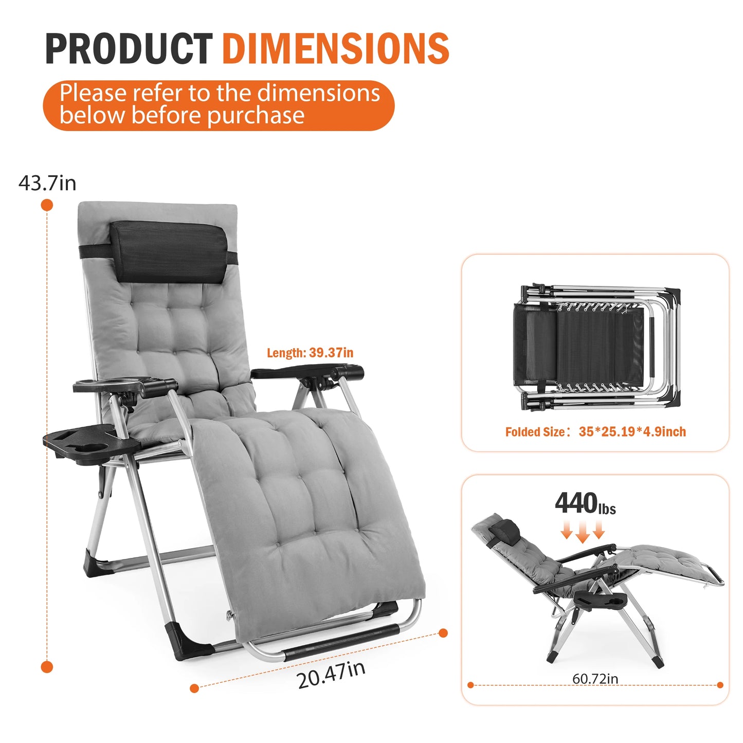 JHK Zero Gravity Reclining Camping Lounge Chair With Cup Holders