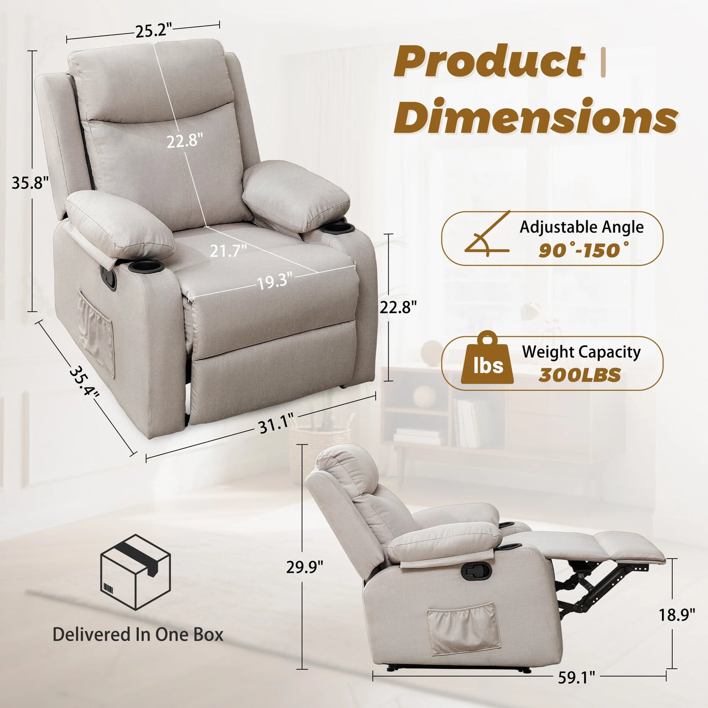Korser Small Recliners for Small Spaces, Reclining Manual Chair with Cup Holders and Side Pockets  for Living Room, Bedroom