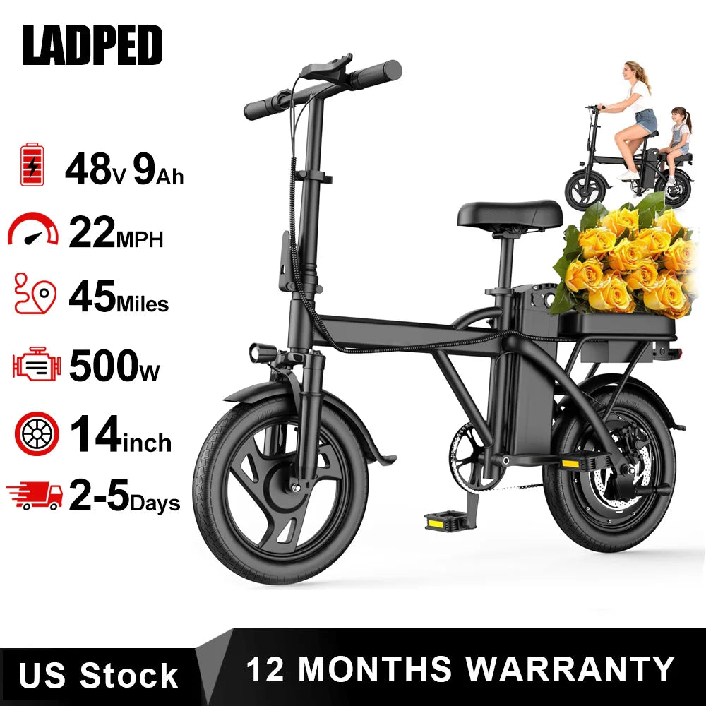 Ladped Foldable Electric Bike Dual Seat 500W 48V 30 MPH