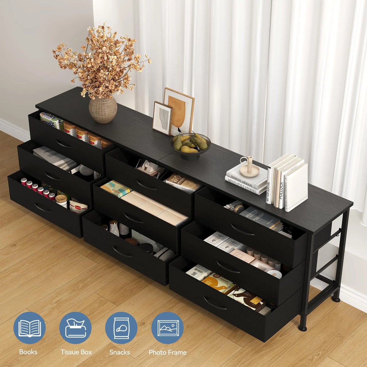 JHK Modern Entertainment Center Cabinet With 9 Fabric Drawers