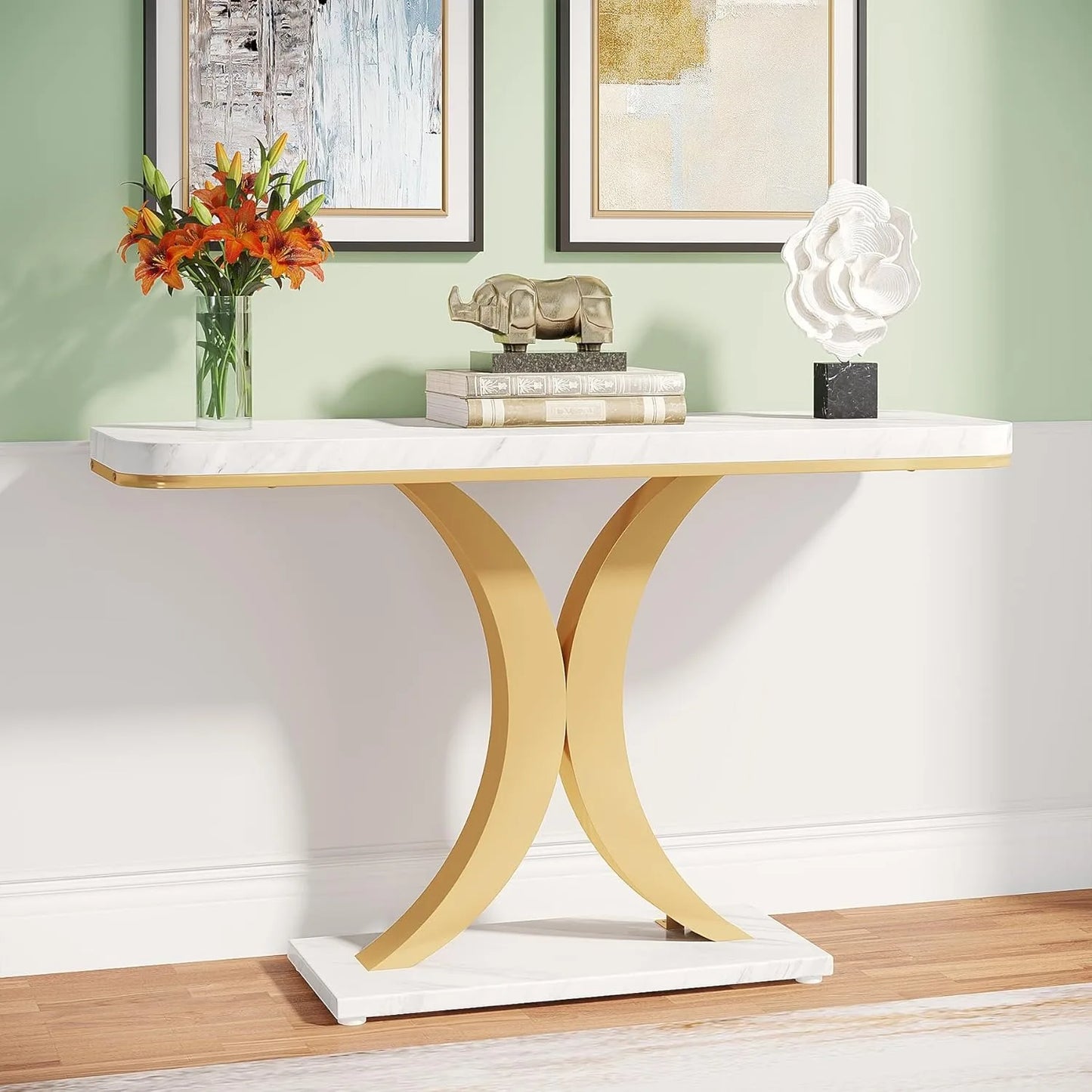 LITTLE TREE Industrial Console Table, 40 inch Narrow Entryway Foyer Table with Geometric Base, Accent Table for Living Room