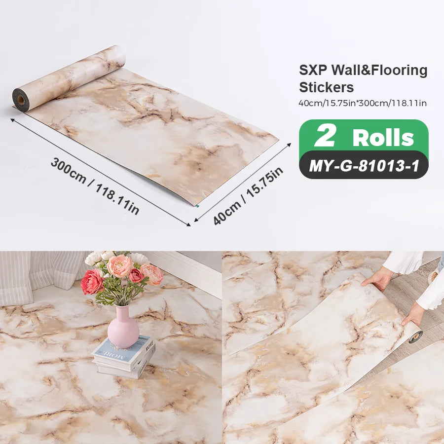 2 Rolls Self-Adhesive Wall and Floor Sticker Peel and Stick 15.75x118.11inch Wood Grain and Marble Design Wallpaper Sticker