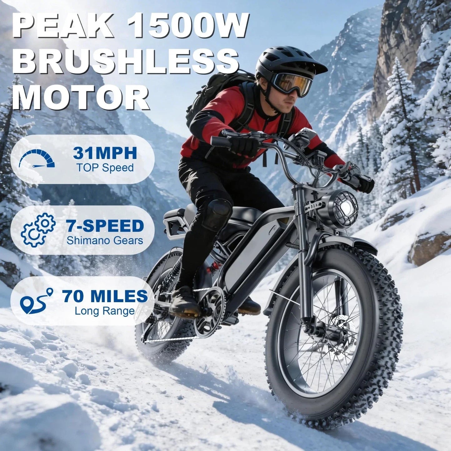 Off-Road 48V 1500W Electric Bike For Adults, 70 Miles Range