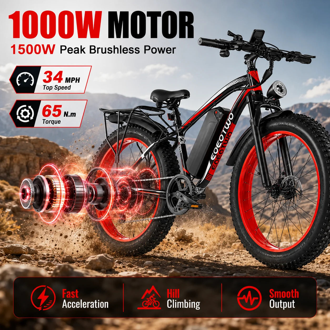 EOEOTWO 1500W Fat Tire Electric Bike for Adults 26"x4.0 All Terrain Ebike 34MPH Fast Mountain E-Bike 48V Long Range Snow Beach Bicycle