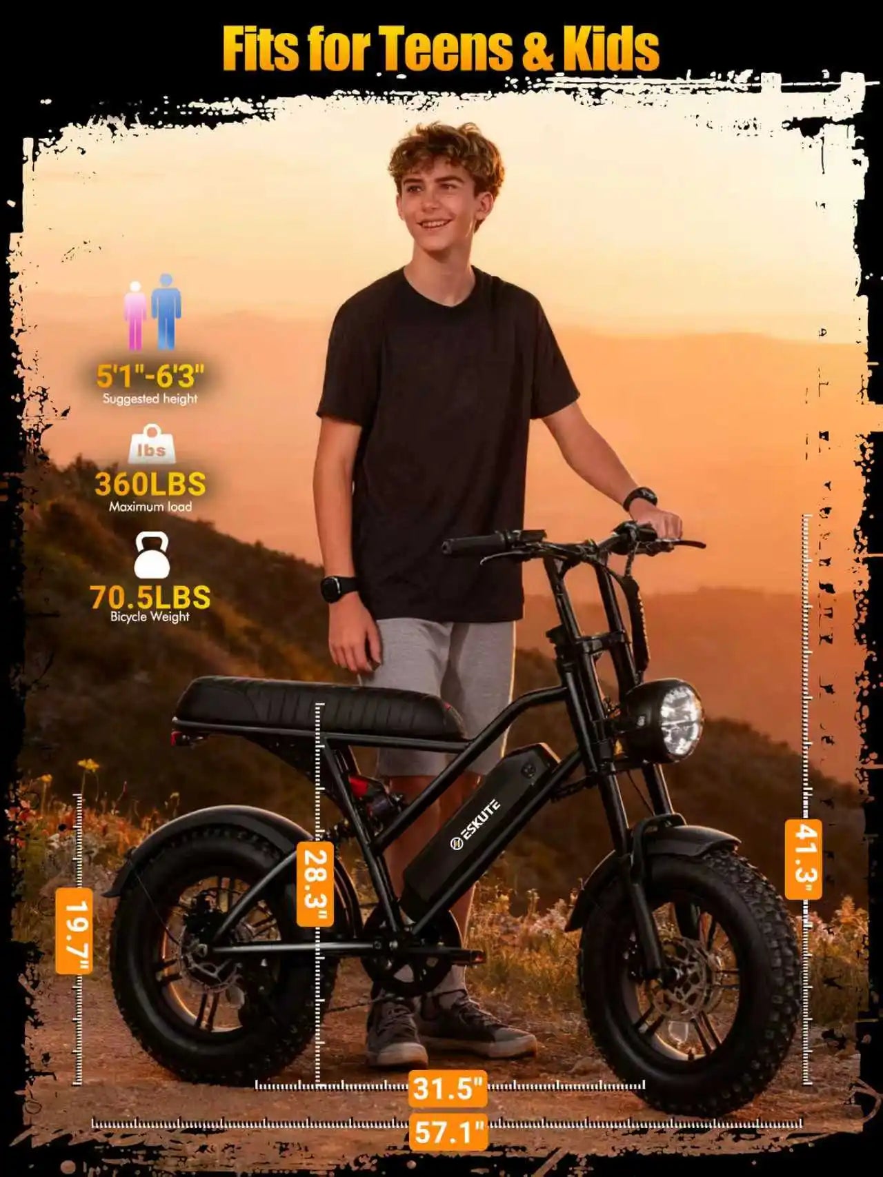 Eskute V100 Electric Bike 1500W Peak Suspension 60 Mile Range