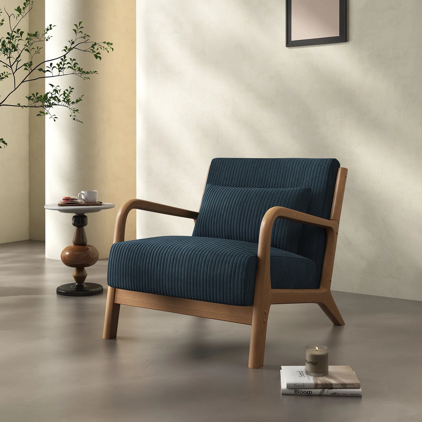 Mid Century Modern Accent Chair, Comfy Fabric Reading Chair with Solid Wood Frame, Easy Assembly Armchair for Living Room ，Bedro